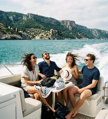 Passengers laughing on the Magnific Raptor speedboat deck with Dalmatian coastline behind them