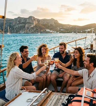 Group of guests toasting drinks on a boat at sunset near San Pietro island cliffs