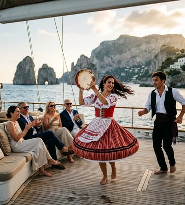 Original Tarantella performance on Capri boat tour yacht deck with Faraglioni rocks at sunset