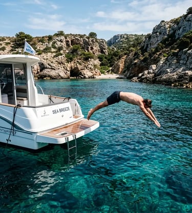 Man diving from a private boat swim platform into crystal-clear turquoise Mediterranean water