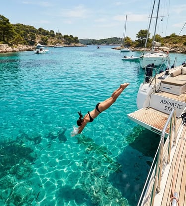 Woman diving off luxury boat into clear Pakleni Islands lagoon on Split 4 islands tour