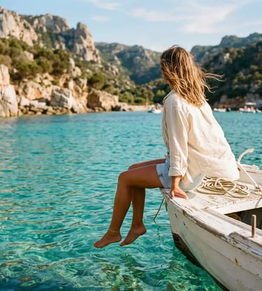 Woman sitting on white dinghy with feet over crystal-clear turquoise water in Sardinia cove