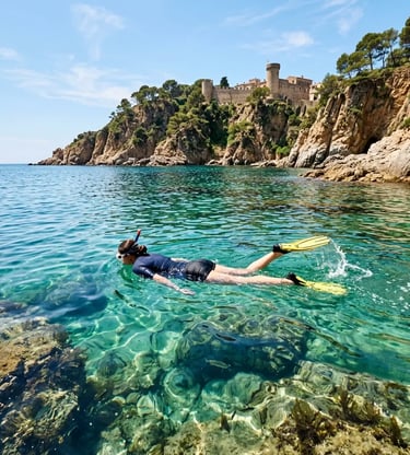 Snorkeling in a crystal-clear cove near Tossa de Mar castle on the Costa Brava coastline