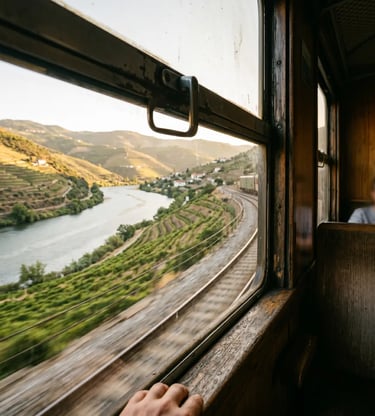 Douro river and terraced vineyards seen from vintage train window on Linha do Douro to Porto