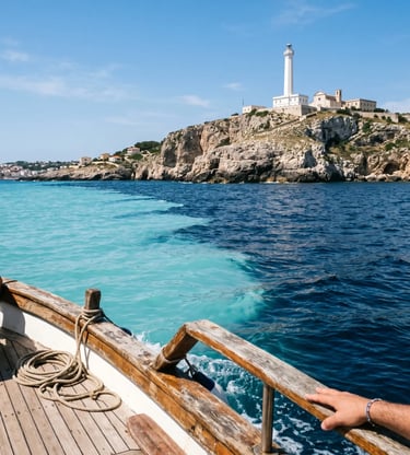 Visible color line where Ionian and Adriatic seas meet near Leuca lighthouse, Salento Italy