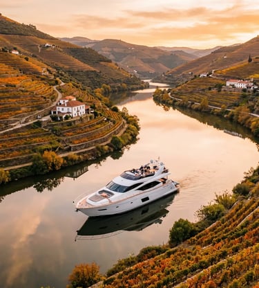 Luxury yacht cruising Douro River at sunset with terraced vineyards and quintas in autumn colors
