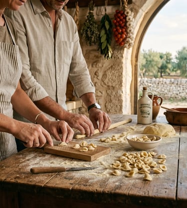 Couple's hands shaping fresh orecchiette pasta during cooking class at Masseria San Giovanni Puglia