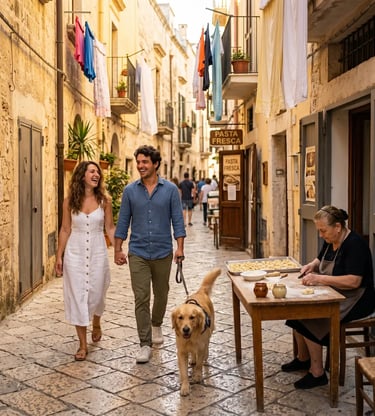 Happy couple with golden retriever exploring Bari Vecchia alley as nonna makes fresh orecchiette