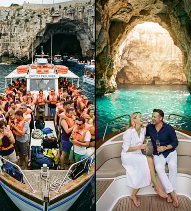 Crowded group boat tour versus private luxury boat tour comparison in Polignano a Mare sea cave