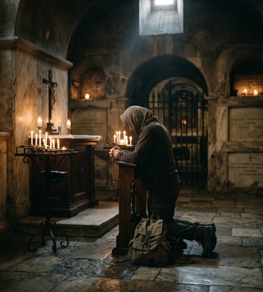 Hooded pilgrim kneeling with rosary before candles in a sacred Italian crypt