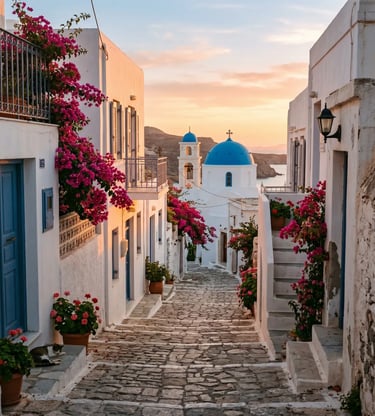 Plaka village Milos at sunset with blue dome church bougainvillea and cobblestone alley