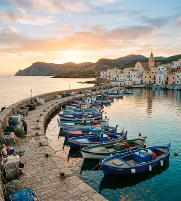 Fishing boats moored at the port of Calasetta, Sant'Antioco island, Southern Sardinia at sunset