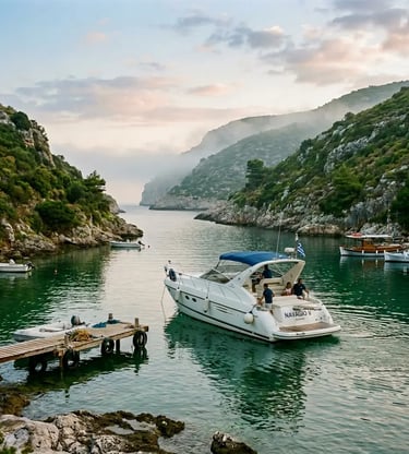 Motor yacht docked at Porto Vromi Anafonitria bay Zakynthos ready for private charter departure