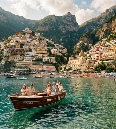 Small group on boat approaching Positano village from the sea on Amalfi Coast tour