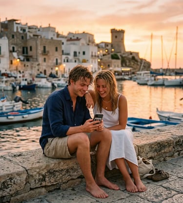 Young couple sitting barefoot on harbor wall at sunset, looking at photos after Torre Vado boat tour.
