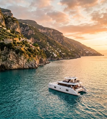  Luxury Powercat Prestige M48 cruising Amalfi Coast cliffs at golden hour sunset