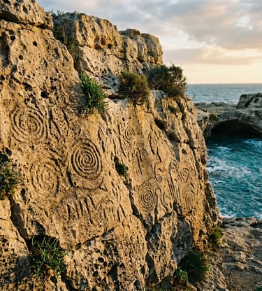 Ancient spiral rock carvings on limestone cliff above Adriatic Sea, Roca Vecchia Puglia