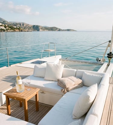 White linen cushions and chilled wine on the deck of a luxury catamaran in Greece