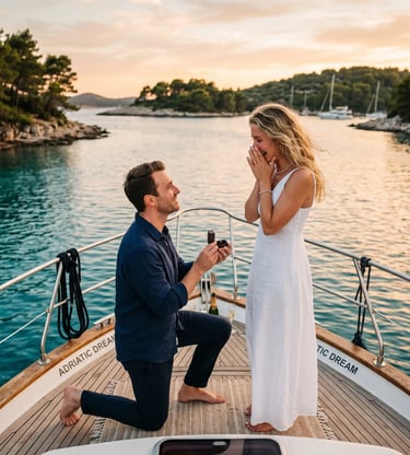 Man proposing to woman on private yacht deck at sunset in Pakleni Islands near Split Croatia