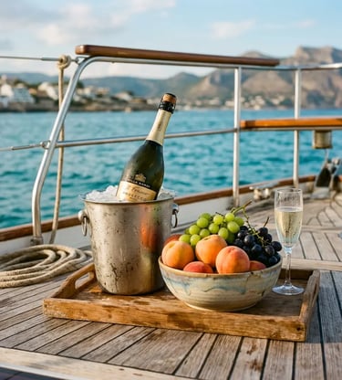 Prosecco in ice bucket with fresh peaches and grapes on a private boat deck near Amalfi Coast