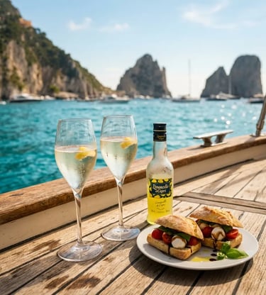 Prosecco, Limoncello and Caprese sandwiches on a boat deck overlooking Capri's Faraglioni rocks