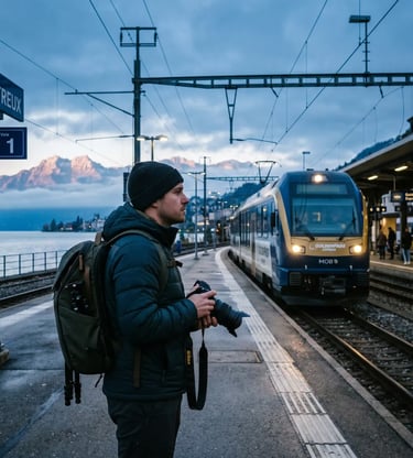Photographer with camera on Montreux platform as GoldenPass Express arrives at blue hour