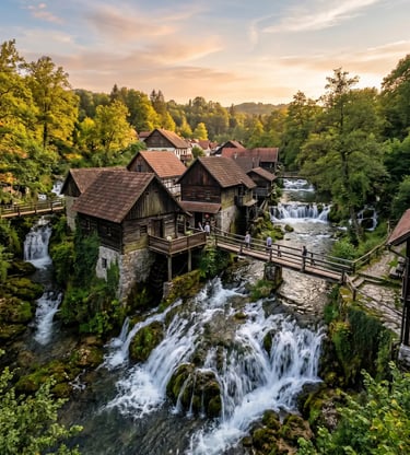 Rastoke village wooden watermill houses over Slunjčica River waterfalls at golden sunset