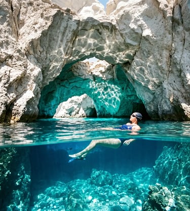 Woman swimming inside Kleftiko cave with crystal-clear turquoise water in Milos, Greece