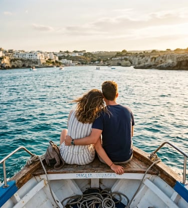 Couple sitting at the bow of a boat watching the Salento coast during sunset cruise in Puglia