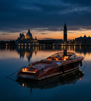 Riva Aquariva anchored at blue hour dusk with Venice skyline and water reflection