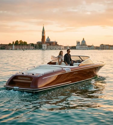Riva Aquariva luxury yacht cruising Venice lagoon at sunset with San Giorgio Maggiore skyline