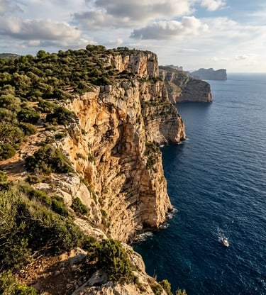 Dramatic ochre limestone cliffs dropping into deep blue sea near Capo Teulada, South Sardinia