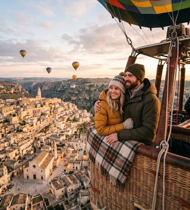 Smiling couple in winter jackets enjoying a sunrise hot air balloon ride over Matera, South Italy.