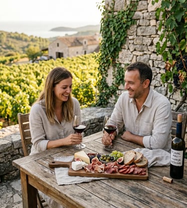  Couple drinking red wine with cheese and charcuterie board at rustic Croatian vineyard