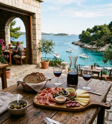 Rustic terrace with wine, charcuterie and sea view on the Pakleni Islands, Croatia