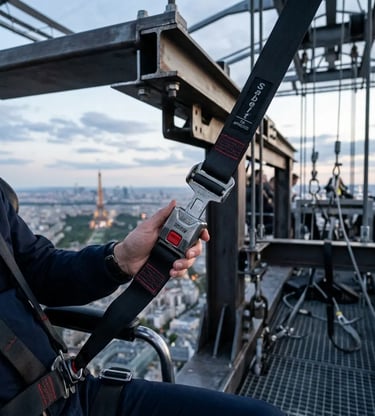Close-up of Sabelt safety harness clicking into place on Dinner in the Sky platform