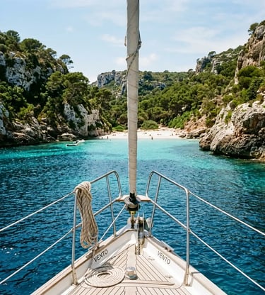 Private sailboat bow entering hidden Cala Trebalúger cove in Menorca