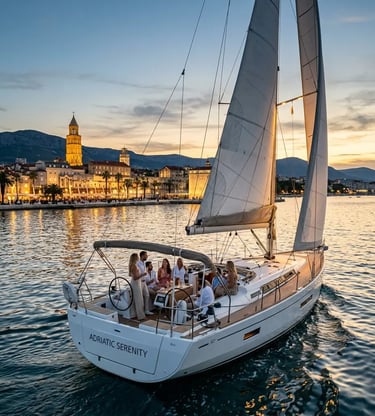 Private sailboat cruising past Split Croatia waterfront at golden sunset with guests onboard