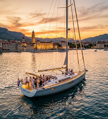 Private sailboat party cruising along Split Croatia waterfront at golden hour sunset