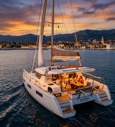 Private sailboat party with guests enjoying twilight cruise near Split Croatia waterfront