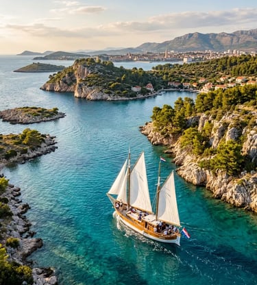 Traditional wooden sailing boat cruising turquoise waters near Split Croatia Dalmatian islands
