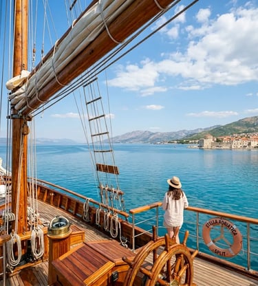 Woman standing on the deck of a famous Croatian sailing boat overlooking Kastela Bay