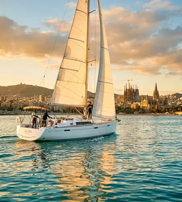 Sailing yacht cruising along Barcelona coastline with Sagrada Família at golden hour