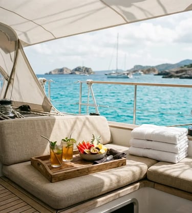 Shaded yacht cockpit with cold drinks fresh fruit and towels on Menorca sailing trip