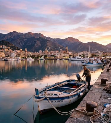 Salerno harbor at sunrise with traditional fishing boat and mountains in background