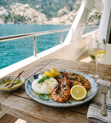 Grilled prawns and burrata served on a luxury yacht deck with Amalfi Coast views