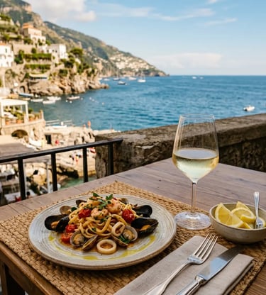 Seafood pasta and white wine at waterfront restaurant overlooking the Amalfi Coast