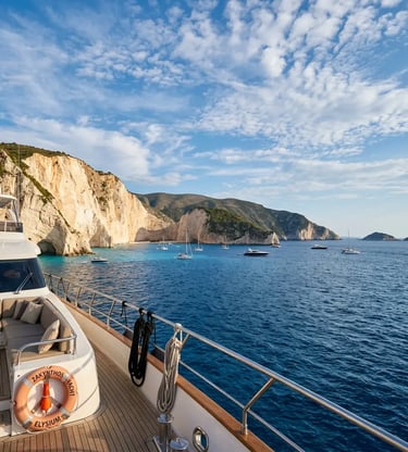 Luxury yacht deck view of Zakynthos limestone cliffs and turquoise Ionian Sea waters