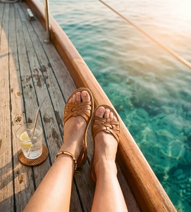 Traveler relaxing on wooden deck with sparkling water over turquoise Adriatic Sea in Polignano