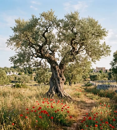 Ancient twisted olive tree with red poppies in Itria Valley field, trulli visible in background